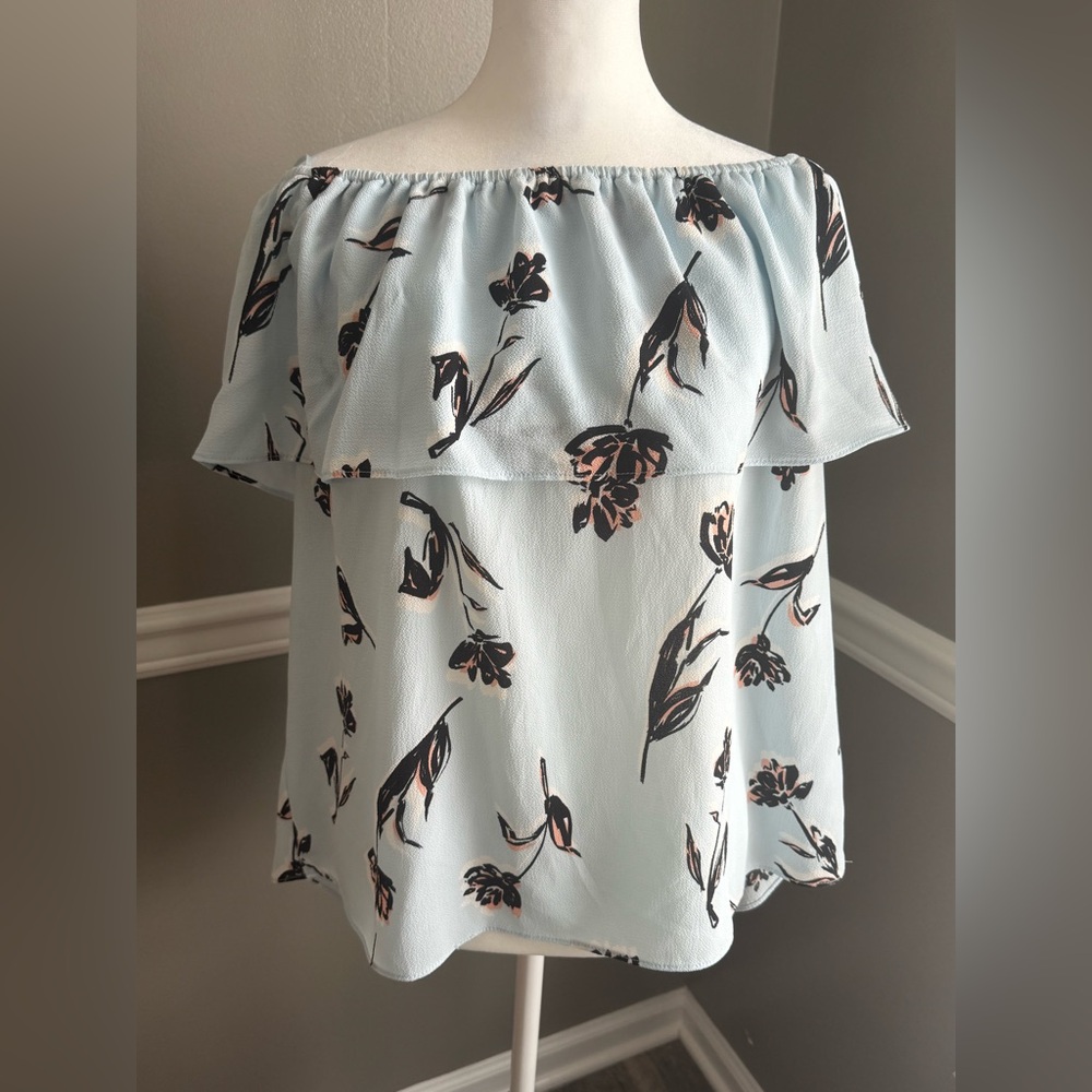 C & E Blue Women’s Floral Off the shoulder Shirt‎ top loose flowy summer Large